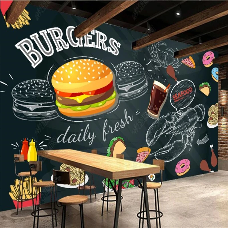 Food Snacks Background - Blackboard Hand Painted Burgers Fries Wallpaper